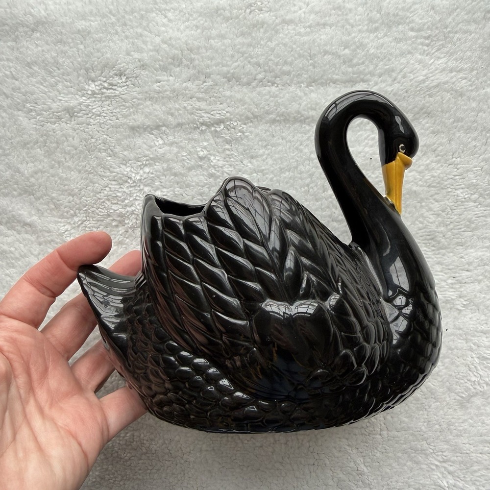 Vintage Holland Mold Swan Ceramic Planter Vase 7" Black Elegant 1972 Pen Holder